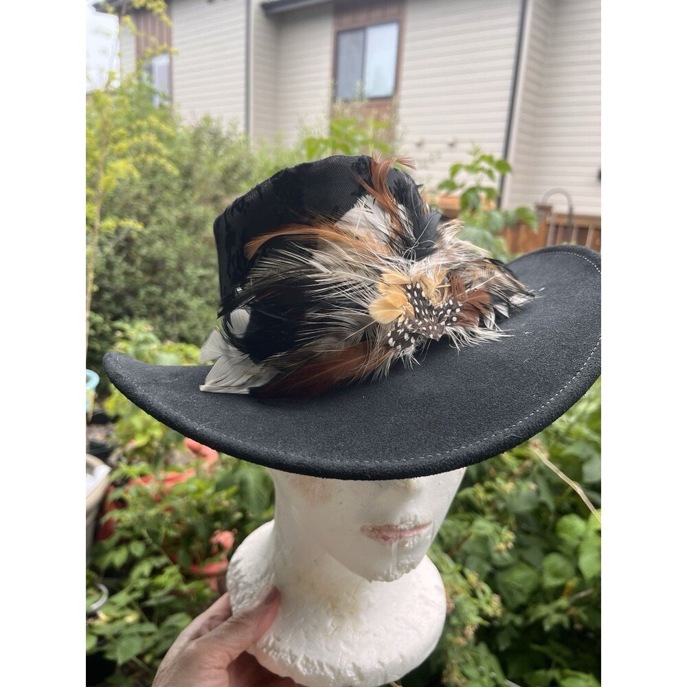 Vintage Kakadu Traders Black Suede Leather And Feathers Slouch Hat Sz Small